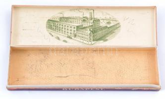Schuler József Rt. Iróngyára Budapest Thebris papírdoboz, belsejében a gyár látképével, 18×5×2 cm