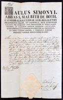 1826 Egyházi okirat Simonyi Pál (1764-1835) székesfehérvári nagyprépost fejléces papírján, Mészáros József vikárius és egy másik azonosítatlan személy aláírásával, szárazpecséttel.