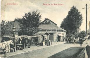 1917 Brod, Bosanski Brod; Oriental Basar / oriental bazaar of Asif H. Sejdic, shop, market vendors (tear)