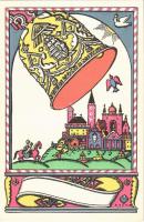 Magyar címer. Nyomtatta és kiadja Knerr Izidor, Gyoma / Hungarian art postcard with bell s: Kozma