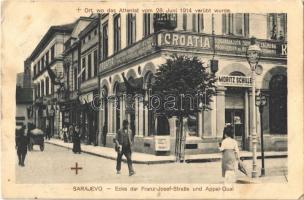 1916 Sarajevo, Ecke der Franz-Josef-Straße und Appel-Quai. Ort, wo das Attentat vom 28. Juni 1914 verübt wurde / street view,  shop of Moritz Schiller. Place where the bombing occured (Assassination of Archduke Franz Ferdinand) (Rb)
