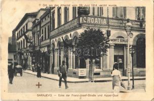 1916 Sarajevo, Ecke der Franz-Josef-Straße und Appel-Quai. Ort, wo das Attentat vom 28. Juni 1914 verübt wurde / street view, shop of Moritz Schiller. Place where the bombing occured (Assassination of Archduke Franz Ferdinand) (Rb)