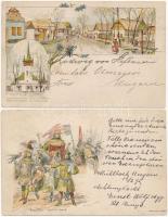 2 db 1897-es Ezredéves Kiállítás képeslap, barna 2 Kr. Ga. / 2 Millenium litho postcards from 1897 with brown 2 Kr. Ga.