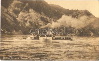 SMS Szamos a Császári és Királyi Haditengerészet monitor típusú hadihajója az Aldunán. Medlárz Gyula felvétele, Dunaflottilla. Hadifénykép Kiállítás / K.u.K. Kriegsmarine Donauflottille / WWI SMS Szamos Austro-Hungarian Navy river guard monitor