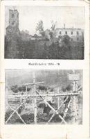 1914-16 Mezőlaborc, Medzilaborce; Az oroszdúlta Zemplén, monostor templom romjai, névtelen hősök sírja / WWI ruins after the Russian attack, monastery ruins, hero soldiers' cemetery (Rb)