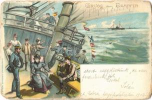 1903 Gruss vom Dampfer / Humour on board of a steamship. Kunstanstalt J. Miesler litho (tears)