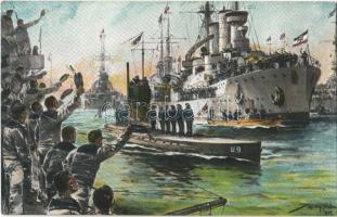 Jubelnde Begrüßung des Unterseebotes 'U 9' bei seiner Rückkehr nach Wilhelmshaven' / SM U-9 a Német Császári Haditengerészet tengeralattjárójának üdvözlése Wilhelmshavenbe való visszatérésekor / Greeting the Imperial German Navy's SM U-9 submarine on her return to Wilhelmshaven port s: Willy Stöwer