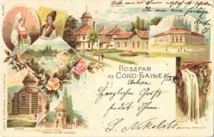 1899 Sokobanja, spa, Serbian church, fountain, waterfall, school, folklore. Art Nouveau, floral, litho (EK)
