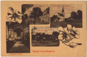 1910 Nógrádmegyer, Nógrád-Megyer; Fő utca, Templom és paplak, templom belső, falu részlet. Floral (EK)