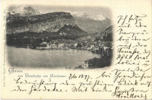 1897 Torbole, Nago-Torbole, Gruss aus Gardasee / general view, shore, mountains