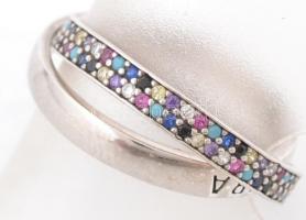 Ezüst(Ag) dupla gyűrű, apró színes kövekkel, Pandora jelzéssel, méret: 57, bruttó: 4 g