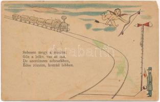 1893 (Vorläufer!!!) Sebesen megy a masina: gőz a lelke, vas az ina... / Very rare early postcard! locomotive, railway stop, railway man, litho (EM)