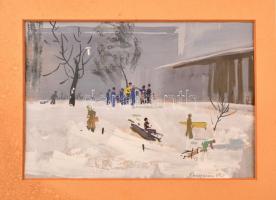 Csergezán jelzéssel: Fiatalok a havas parkban (vázlat). Tempera, papír, 20×28 cm