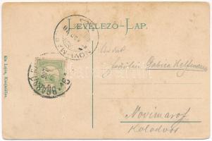 1907 Kisújszállás, Indóház (peron részlet), Vasútállomás, Római katolikus templom, Református templo...