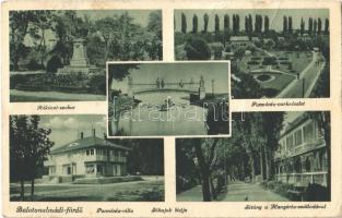 1943 Balatonalmádi-fürdő, Rákóczi szobor, Sóhajok hídja, sétány, Hungária szálloda, Pannónia villa és park (EB)