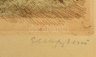 Elekfy Jenő (1895-1968): Alkonyat. Színezett rézkarc, karton, jelzett, 29×37 cm