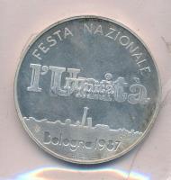 Olaszország 1987. FESTA NAZIONALE LUNITA BOLOGNA 1987 jelzett Ag emlékérem, tanúsítvánnyal, eredeti felbontott műanyag tokban. Szign.: Greco (18,10g/0.986/35mm) T:1 (eredetileg PP) Italy 1987. FESTA NAZIONALE LUNITA BOLOGNA 1987 hallmarked Ag commemorative medallion with certificate, in original, opened foil pacakge. Sign.: Greco (18,10g/0.986/35mm) C:UNC (originally PP)