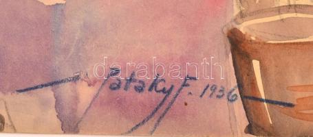 Pataky Ferenc (1897-?): Társas házi udvar. Akvarell,papír, jelzett, 38×50 cm