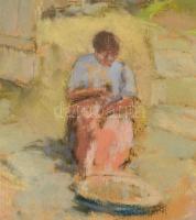 Olvashatatlan jelzéssel: Budakalászi udvar, pasztell, papír, üvegezett keretben, 27,5x37,5 cm