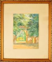 Santhó M. jelzéssel: Napfényes udvar, akvarell, papír, jelzett, üvegezett keretben, 34,4x24,6 cm