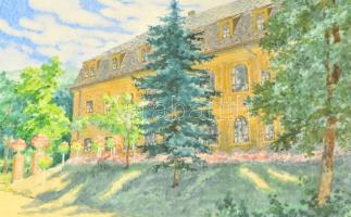 Santhó M. jelzéssel: Kastély, akvarell, papír, jelzett, üvegezett keretben, 24,5x34,5 cm