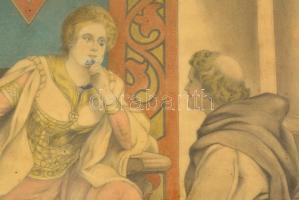 Jelzés nélkül: Jelenet uralkodó hölggyel, színes ceruza (hibás), karton, üvegezett keretben, 44,5x32...