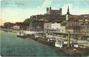 1909 Pozsony, Pressburg, Bratislava; vár, rakpart, hajók / castle, quay, ships