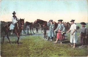 1908 Hortobágy, csikósok, folklór / Hungarian folklore, horse herdsman. Fotochrom L. & P. P. 1689.