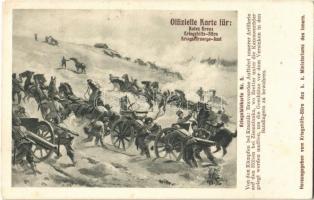 1914 Kriegsbildkarte Nr. 5. Von dem Kämpfen bei Krasnik: Bravouröse Auffahrt unserer Artillerie auf den Höhen bei Ziemnianka, wo Bretter unter die Kanonenräder gelegt werden mußten, um die Geschütze vor dem Versinken in den Sandlagern zu bewahren. Kriegshilfsbüro / WWI Austro-Hungarian K.u.K. and German military art postcard. From the fights near Krasnik: brilliant driveway of our artillery on the heights of Ziemnianka, where boards had to be placed under the cannon wheels to keep the guns from sinking in the sand s: M. Ledeli (EK)