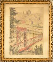 Olvashatatlan jelzéssel: Így épült (Erzsébet-híd), színes rézkarc, papír, üvegezett keretben, 29x20,5 cm
