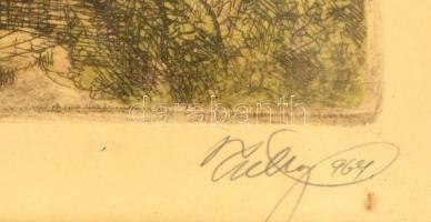 Olvashatatlan jelzéssel: Így épült (Erzsébet-híd), színes rézkarc, papír, üvegezett keretben, 29x20,...