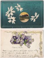 11 db RÉGI hosszúcímzéses üdvözlő képeslap: lithok, dombornyomottak / 11 pre-1904 greeting motive postcards: litho and embossed