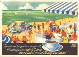 1936 Franck kávépótlóval ízesített Kneipp malátakávé reklám; Franck Henrik Fiai Rt. hangszórós reklámautója, Klösz Coloroffset / Hungarian malt coffee advertisement s: Gebhardt (EB)