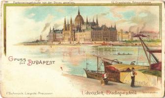 Budapest V. Új Országház főhomlokzata, evezős csónakok a Dunán, pesti rakpart Kereskedés hajóval. F. Schmuck 389. litho (kopott sarkak / worn corners)