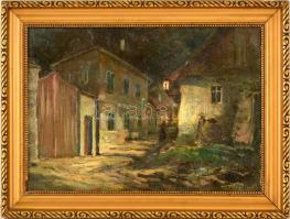 Péczely Antal (1891-1960): Éjszakai utca. Olaj, vászon, jelzett, keretben, 25×35 cm