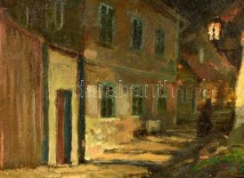 Péczely Antal (1891-1960): Éjszakai utca. Olaj, vászon, jelzett, keretben, 25×35 cm