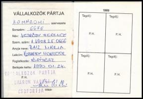 1990 Vállalkozók pártja tagsági könyv