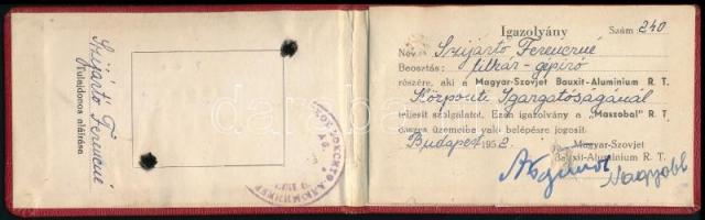 1952 Bp., Magyar-Szovjet Bauxit-Alumínium Rt. igazolvány