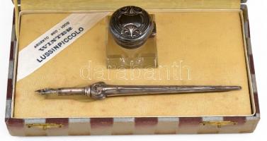 Ezüst (Ag) nyelű és tetejű toll és tintatartó szett, eredeti dobozában, jelzett, h:17 cm, 4×4 cm