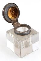 Ezüst (Ag) nyelű és tetejű toll és tintatartó szett, eredeti dobozában, jelzett, h:17 cm, 4×4 cm