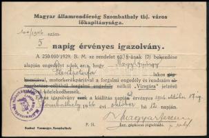 1946 Szombathely, Magyar államrendőrség Szombathely thj. város főkapitánysága által kiállított 5 napig érvényes motorkerékpáros igazolvány