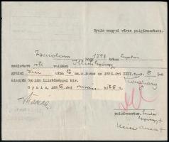 1936 Gyula, városi polgármester által kiállított igazolás illetékbélyegekkel
