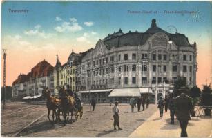 Temesvár, Timisoara; Ferenc József út, Lloyd palota és kávéház, lovaskocsi / street view, palace, café, horse-drawn carriage (fl)