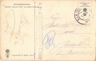 1918 Brenner, Brennero (Südtirol); Gasthof "Brenner Post" mit Eisack-Ursprung / inn, guest...