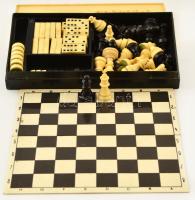 Mágneses úti sakk- dáma- és dominókészlet, dobozban, Ofotért-es bőr tokban.