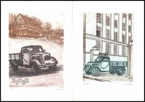 Olvashatatlan jelzéssel: Járművek. 3 db rézkarc, papír, jelzett, 21×15 cm