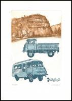 Olvashatatlan jelzéssel: Járművek. 3 db rézkarc, papír, jelzett, 21×15 cm