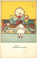 Születésnap. Egy jó kislány viselt dolgai II. sorozat 2. szám / Hungarian art postcard s: Kozma Lajos (EK)