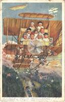1917 Children on an airplane, glider, airship, locomotive. B.K.W.I. 758-4. s: F. Kaufmann (small tear)