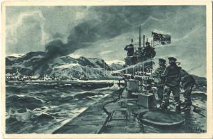 1917 Deutsches U-Boot im Eismeer, Beschießung von Alexandrowsk / WWI German Imperial Navy, submarine. Offizielle Postkarte U-Boot-Tag Juni 1917 s: Willy Stöwer (EK)